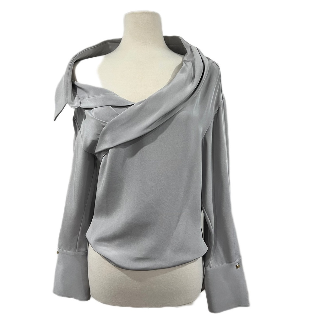 EllERY Elegant Draped Off-Shoulder Silk Blouse - Light Gray
